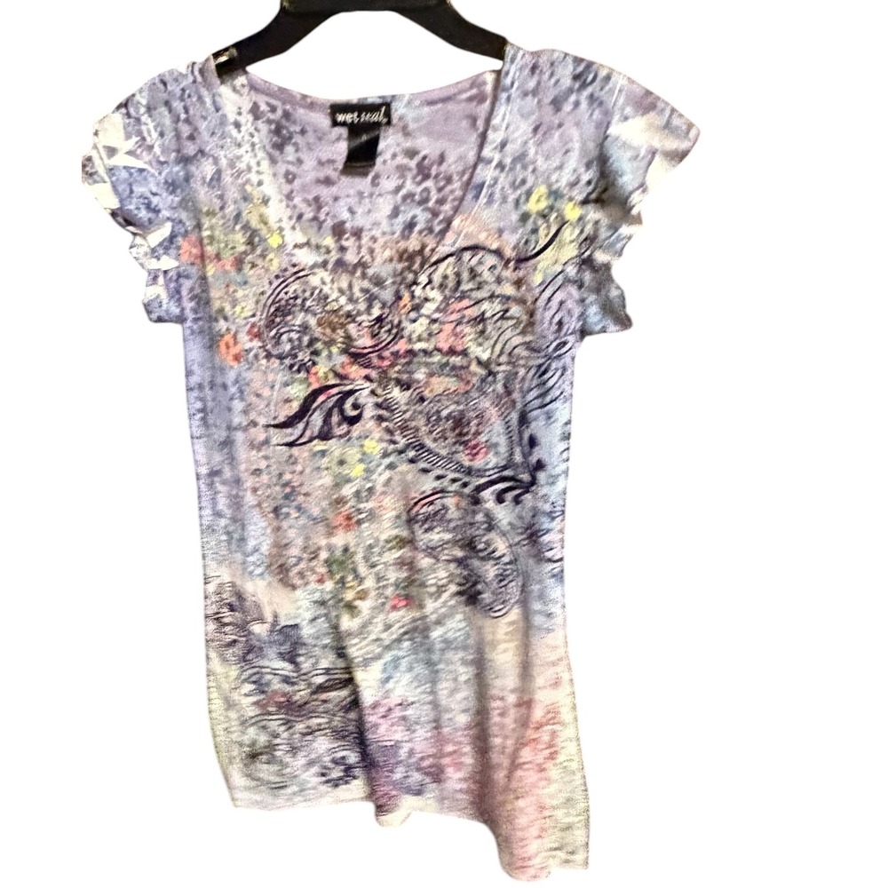 Wet Seal Womens Purple Paisley Floral Ruffle Cap Sleeve V-Neck Top Large Y2K
